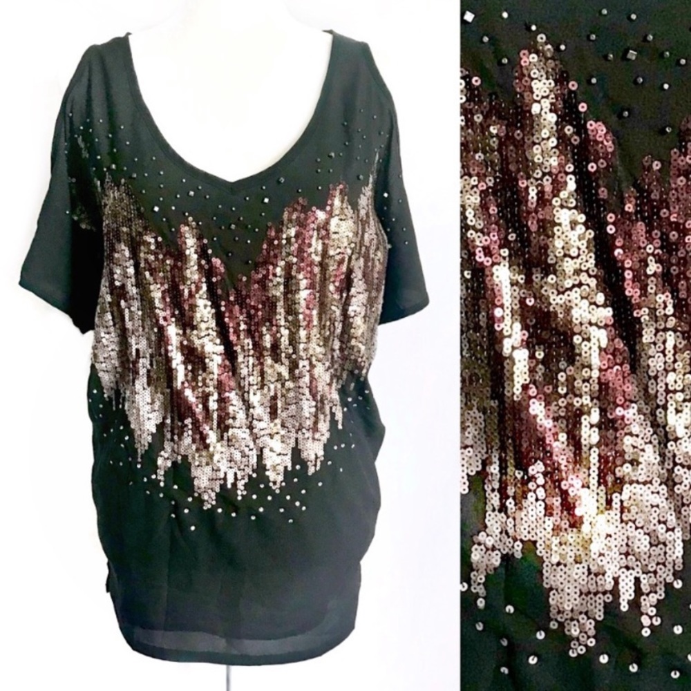 Miss Me | Sequin Beaded Cold Shoulder Knit Top | S